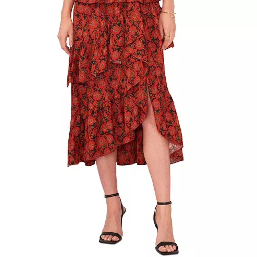 1STATE Asymmetrical Red Floral Skirt
